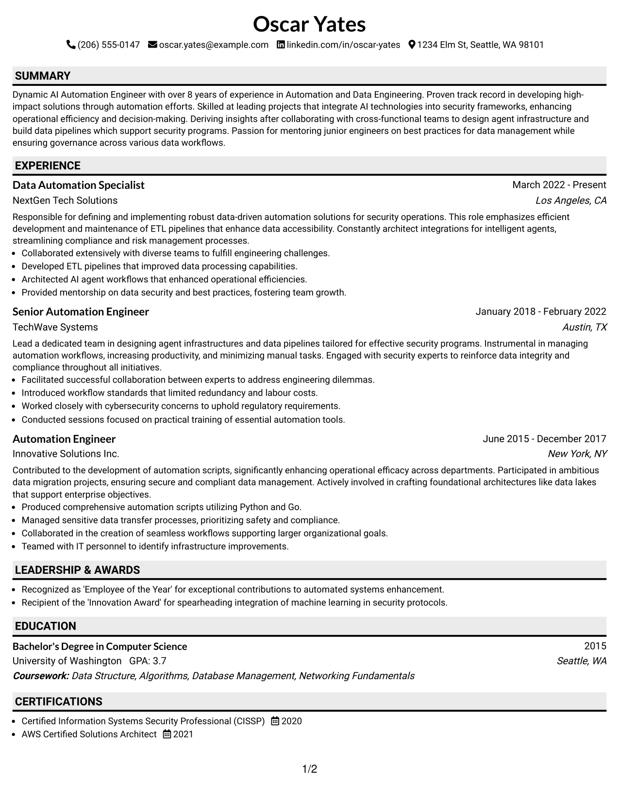Resume Example Page 1