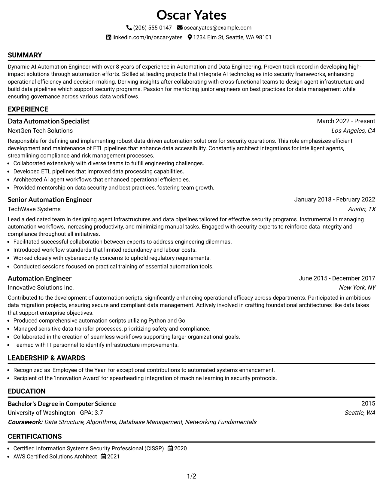 Resume Example Page 1