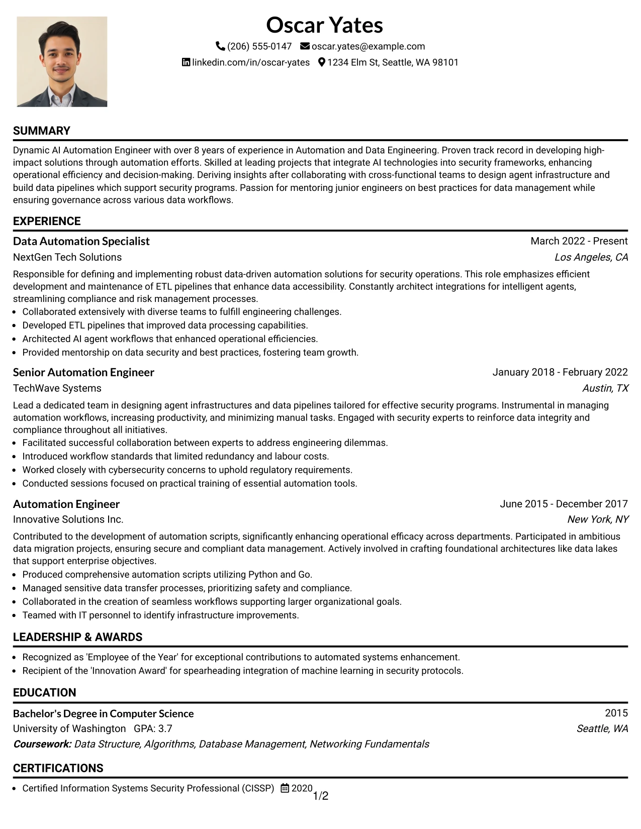Resume Example Page 1