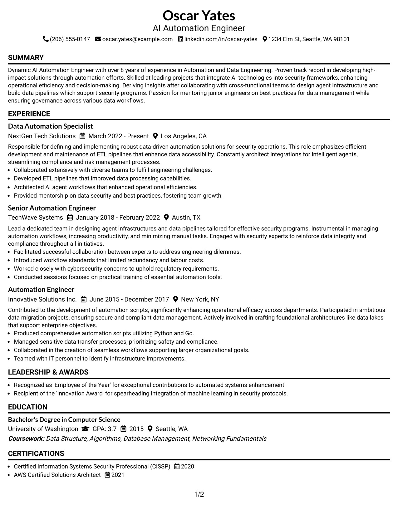 Resume Example Page 1