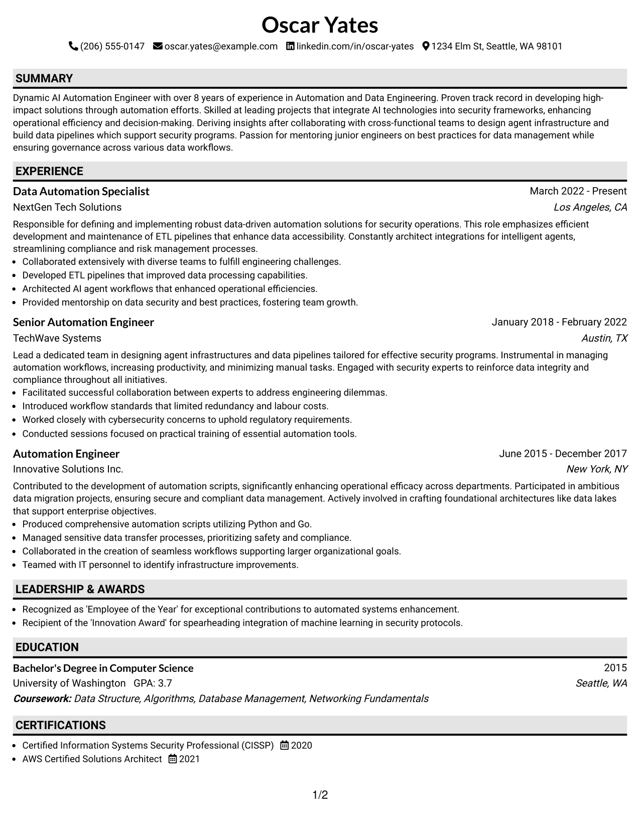 Resume Example Page 1
