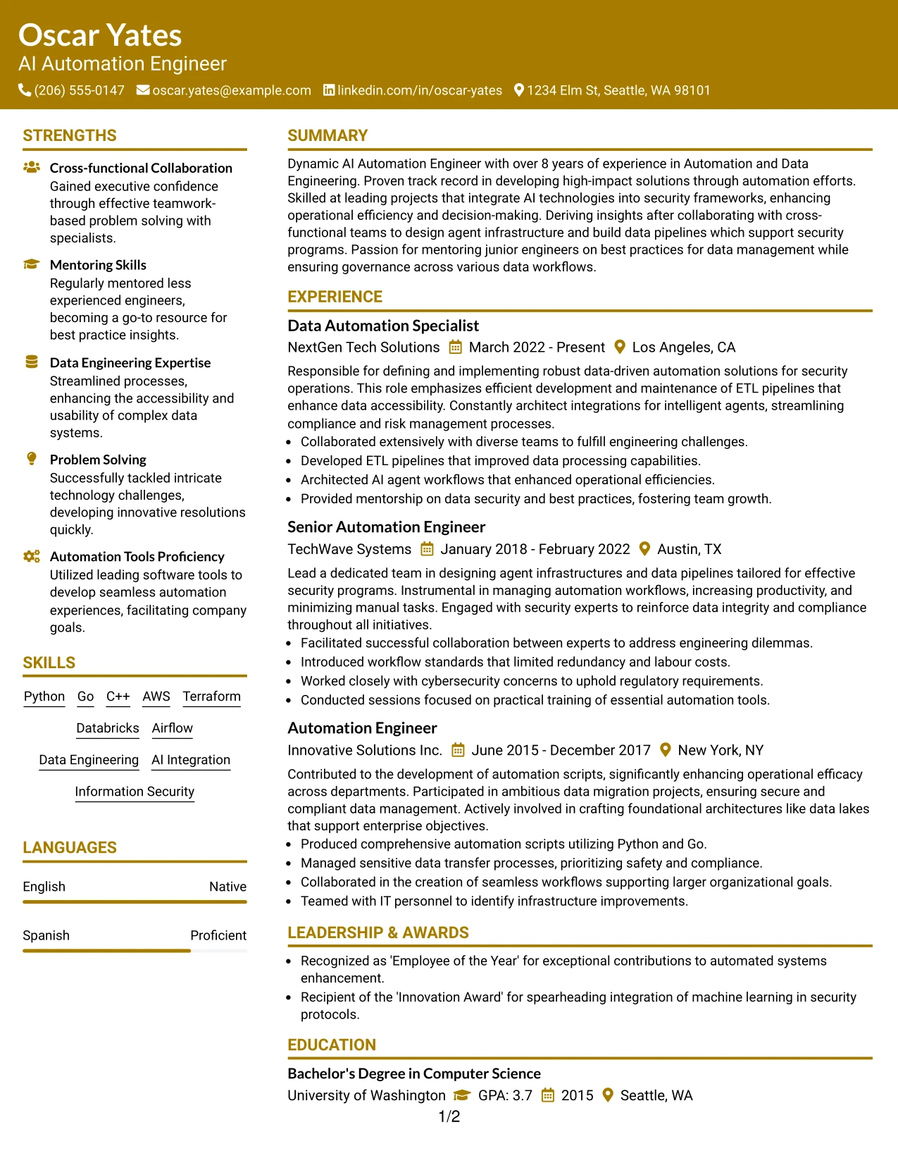 Resume Example Page 1