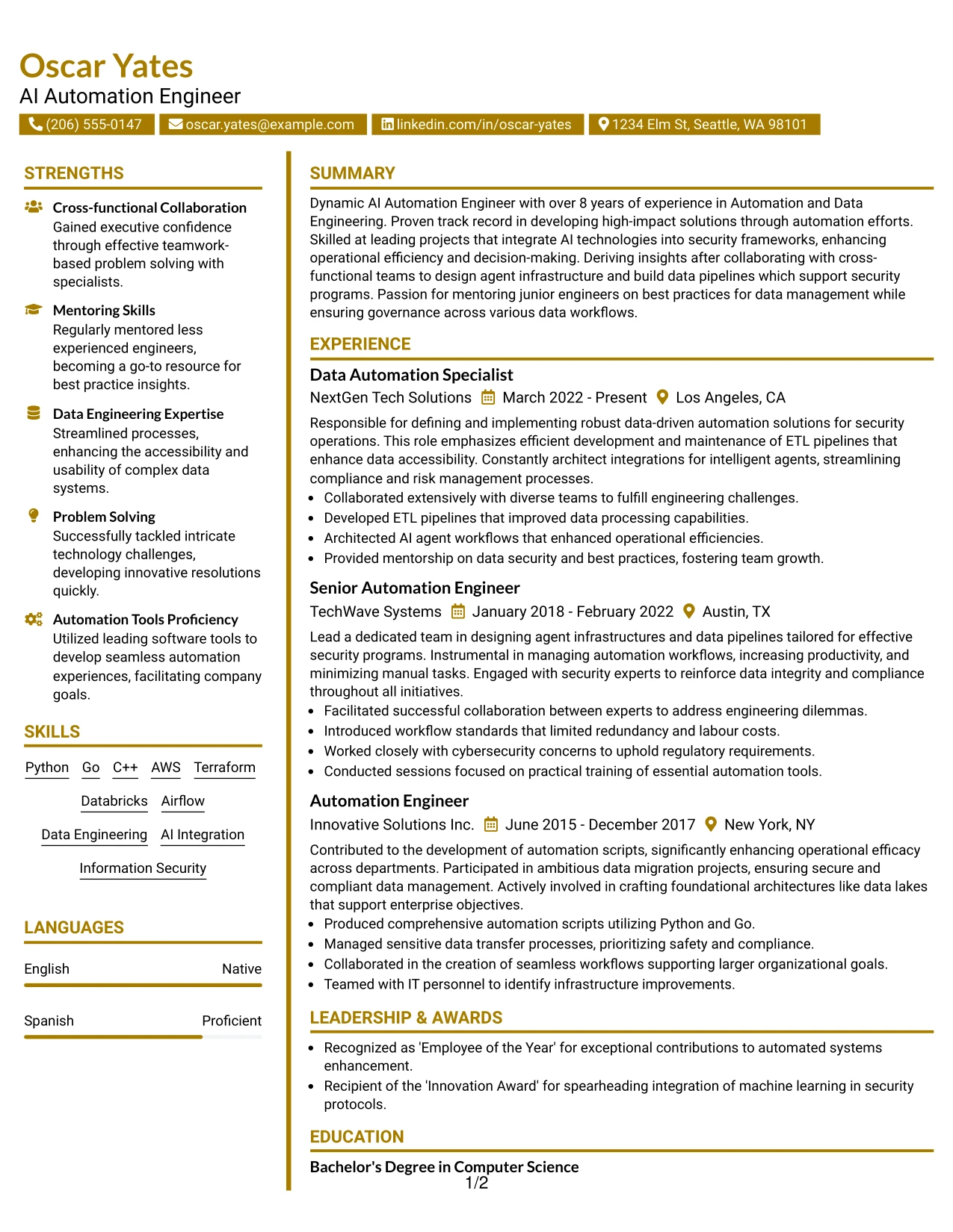 Resume Example Page 1