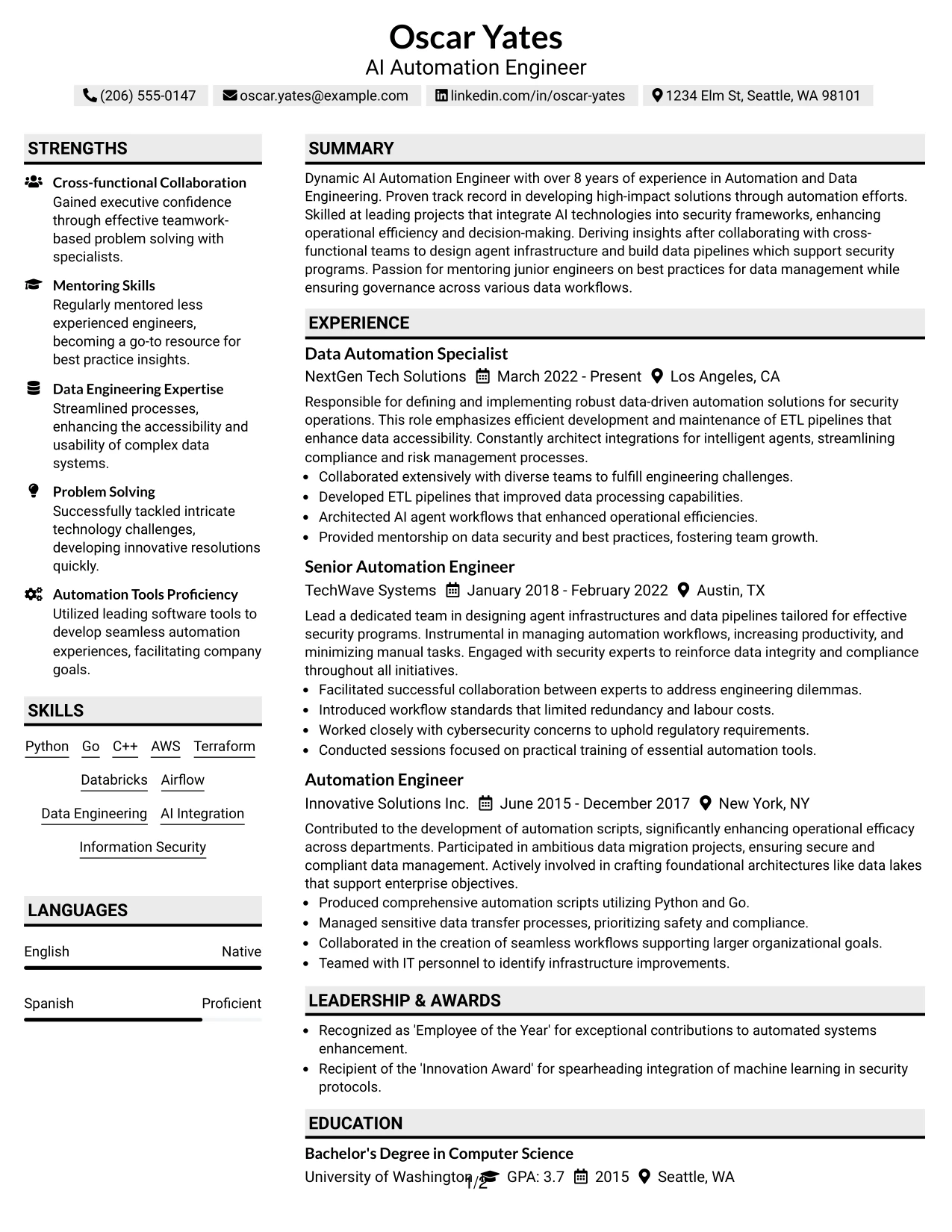 Resume Example Page 1