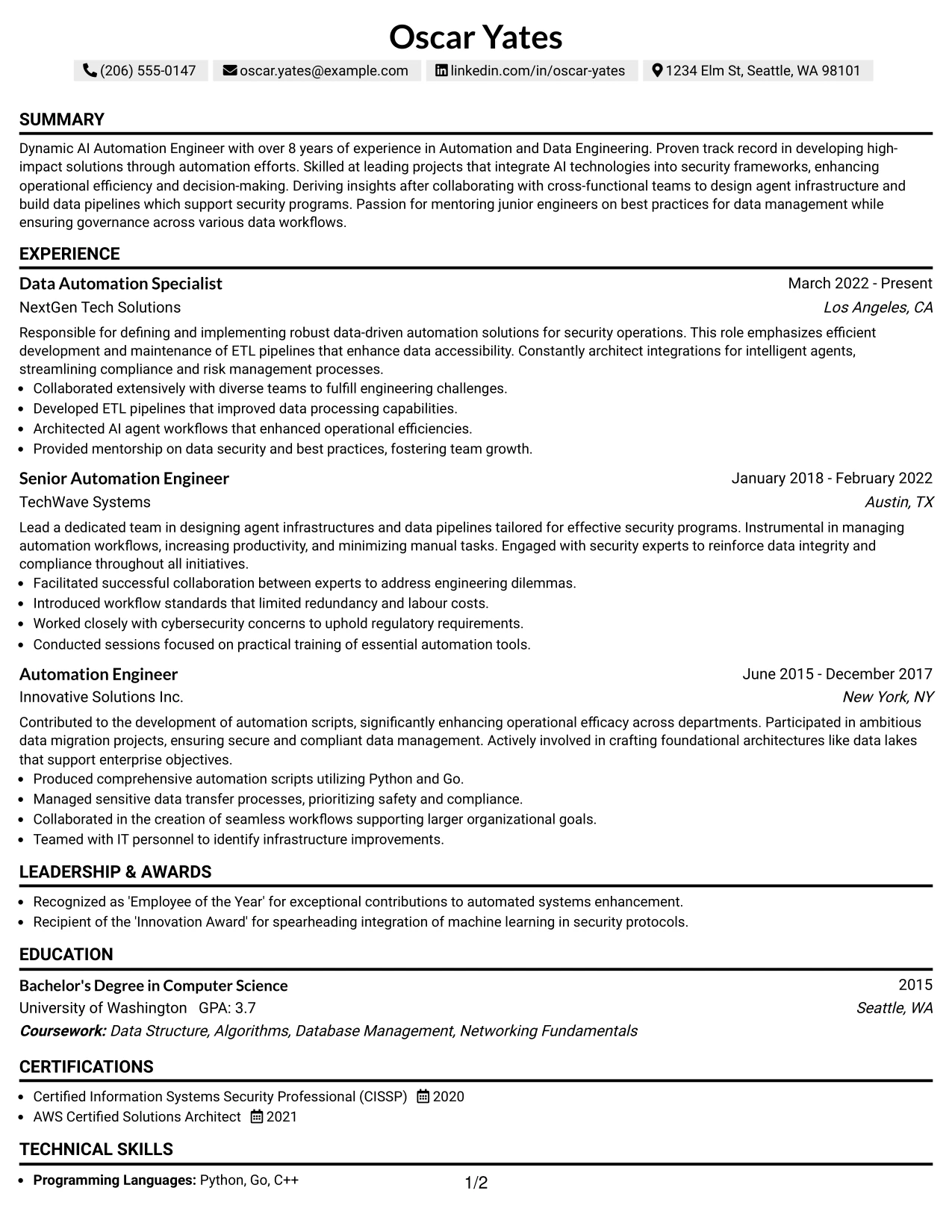 Resume Example Page 1