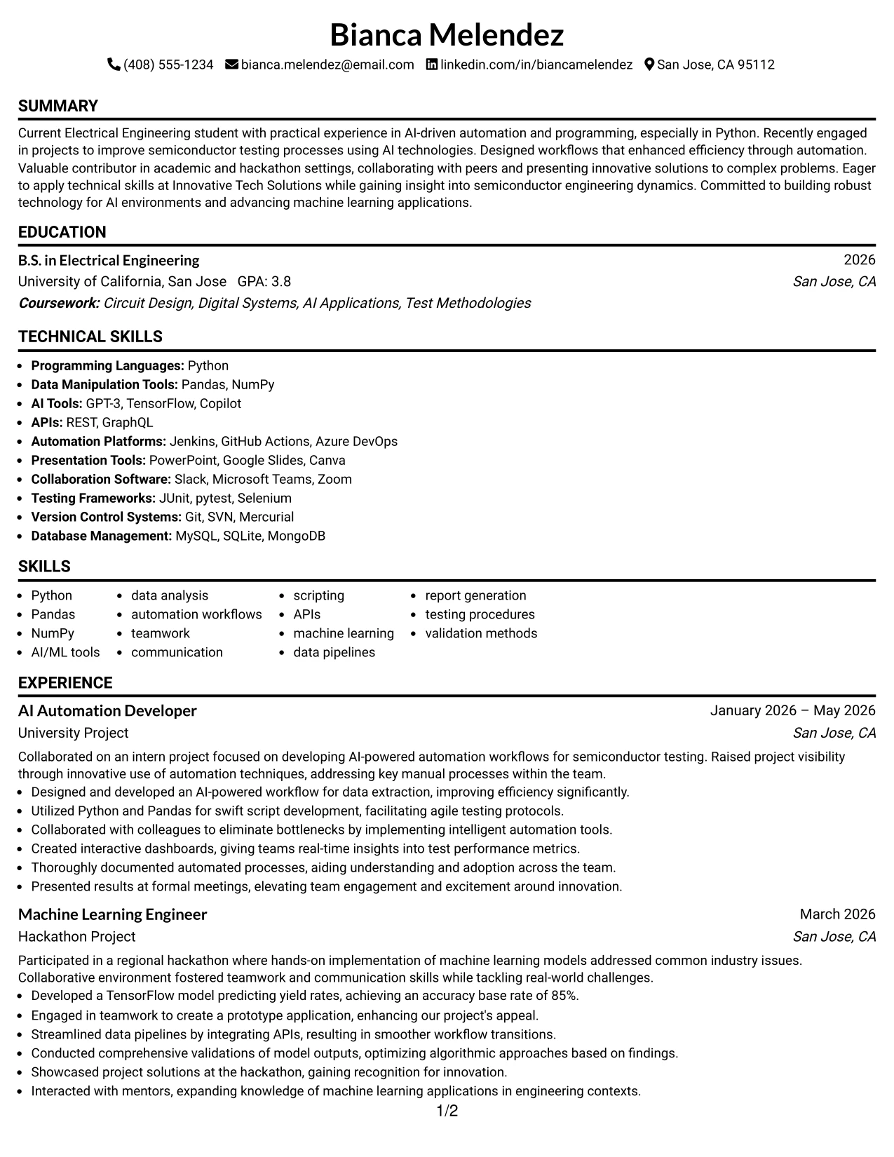 Resume Example Page 1