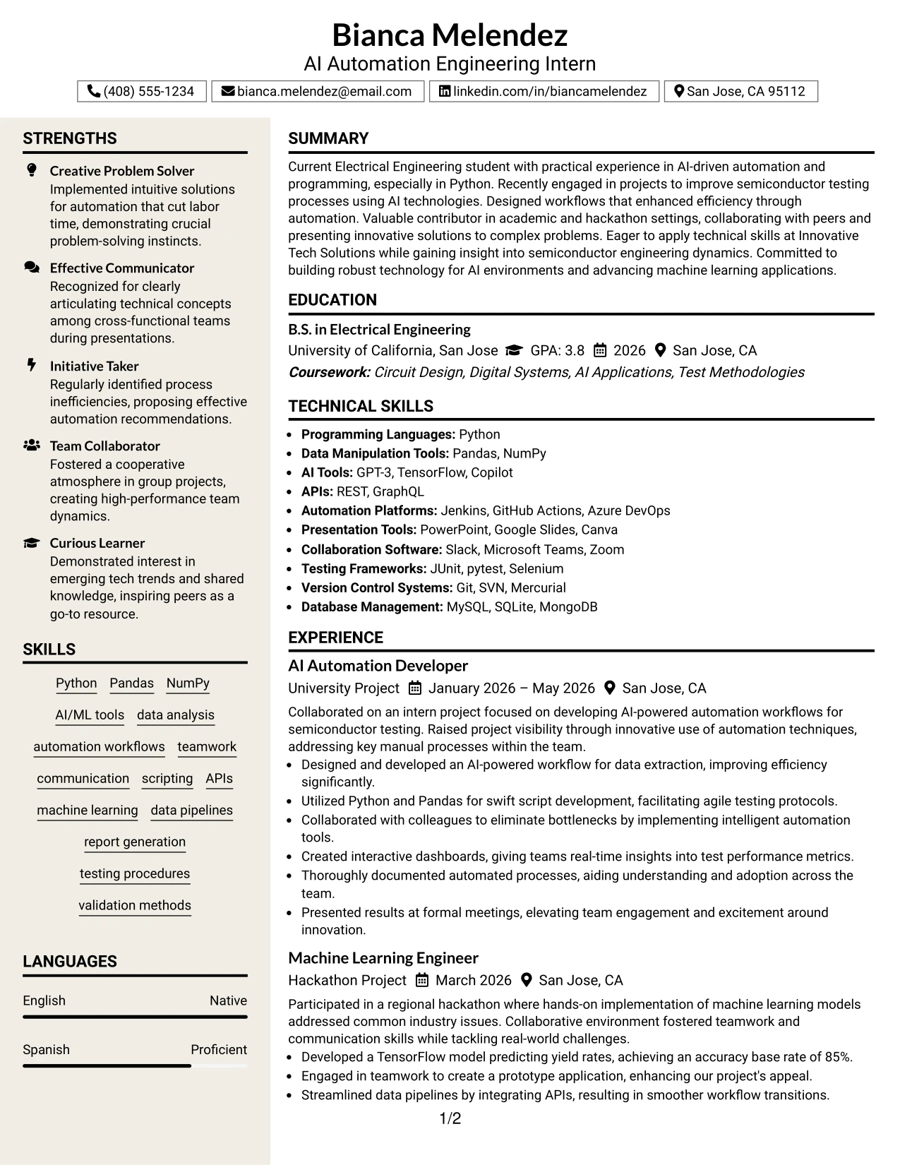Resume Example Page 1