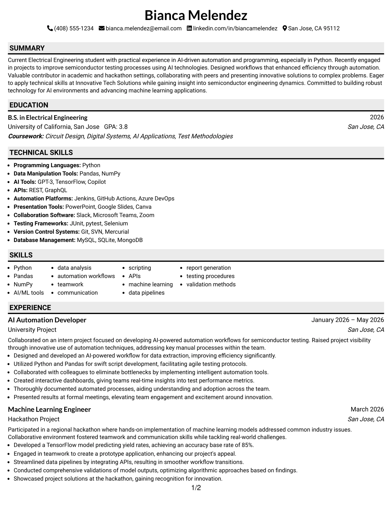 Resume Example Page 1