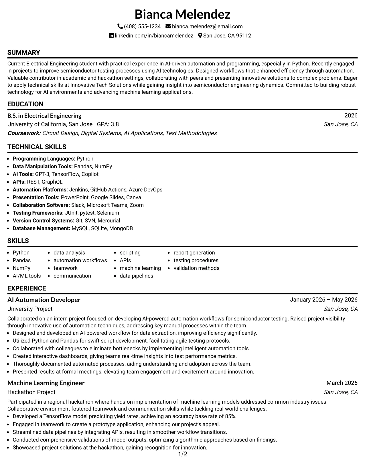 Resume Example Page 1