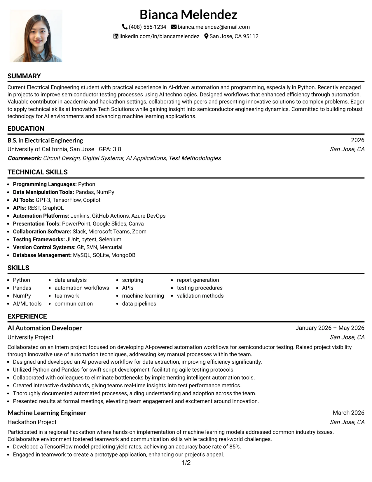 Resume Example Page 1