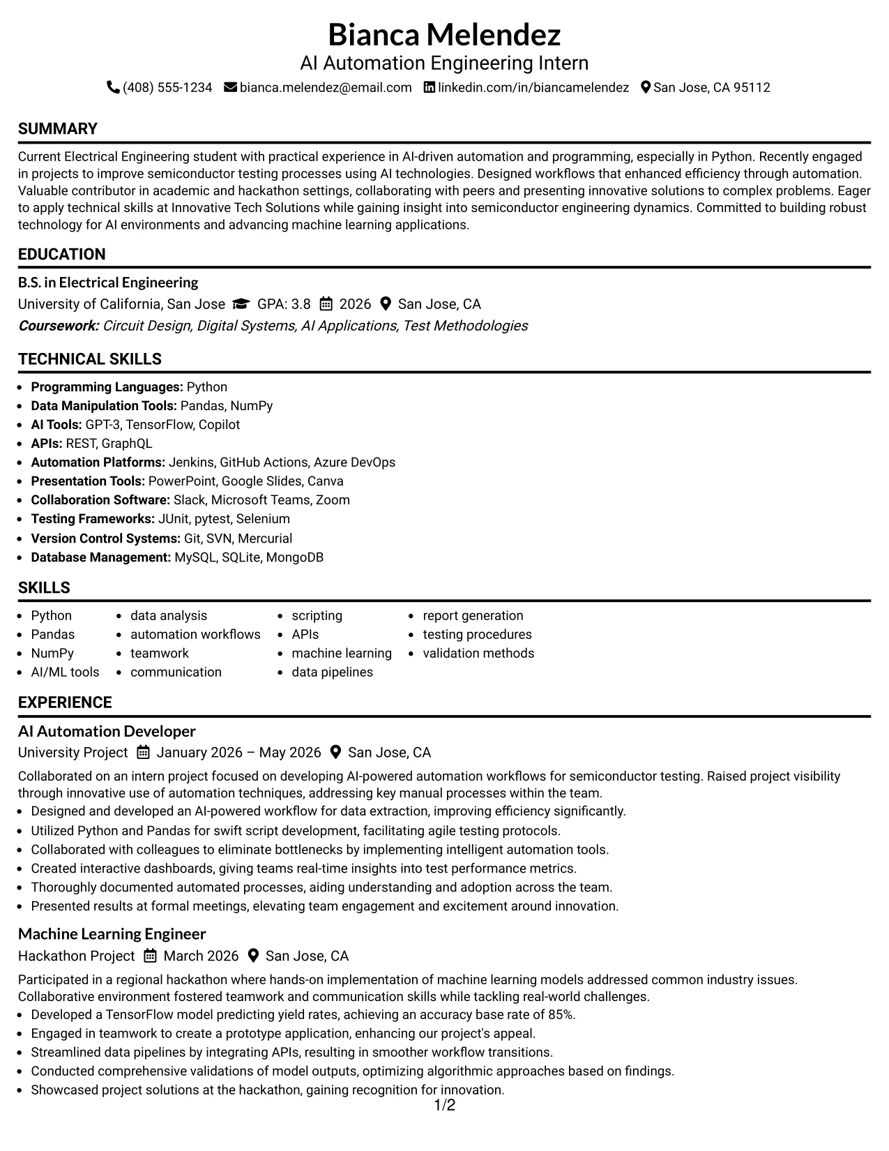 Resume Example Page 1