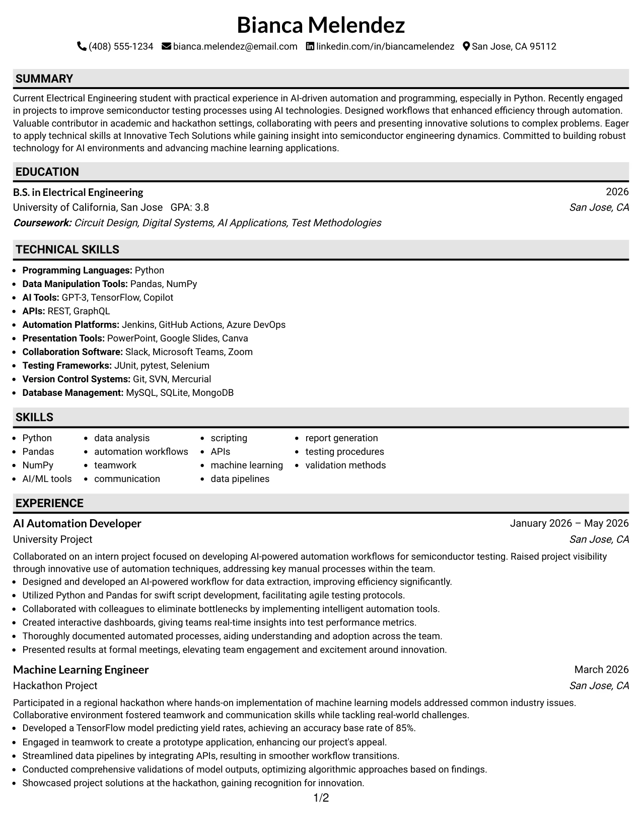 Resume Example Page 1