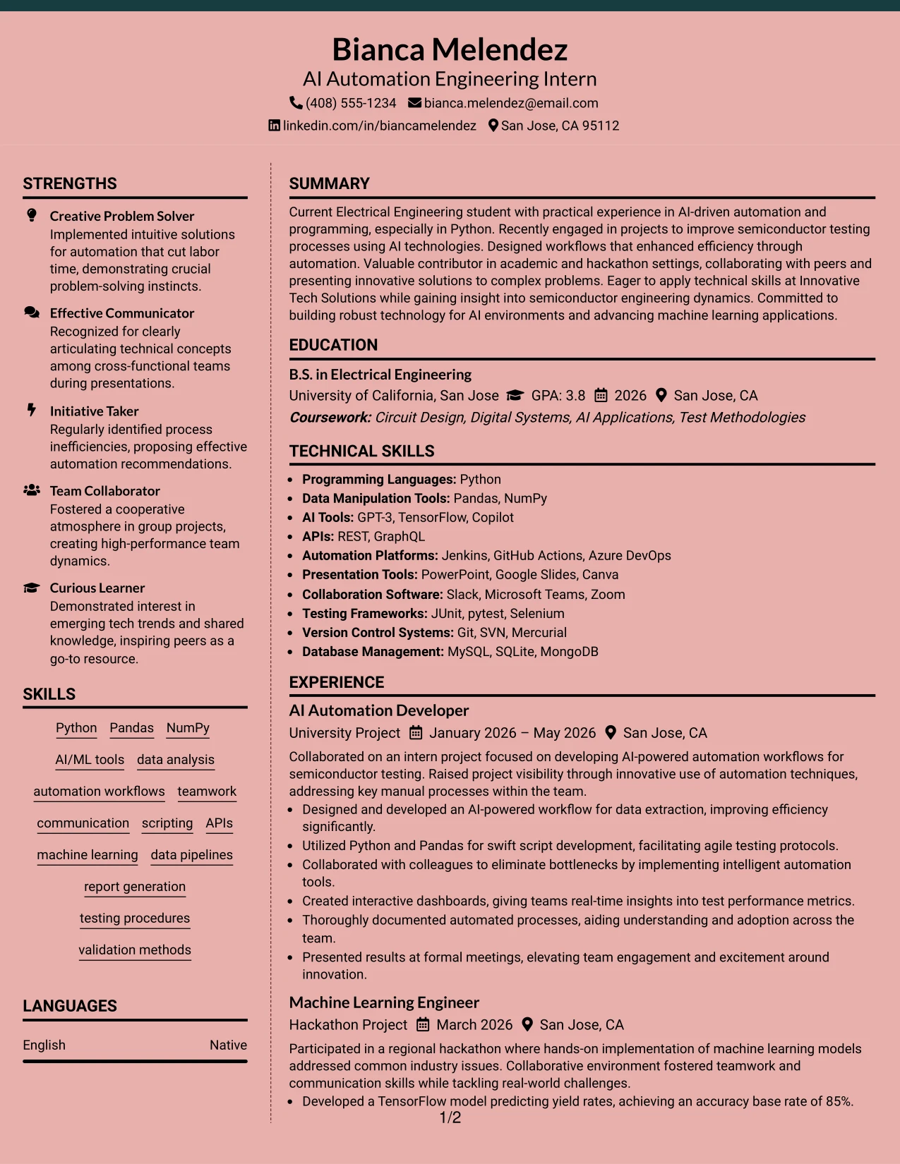 Resume Example Page 1