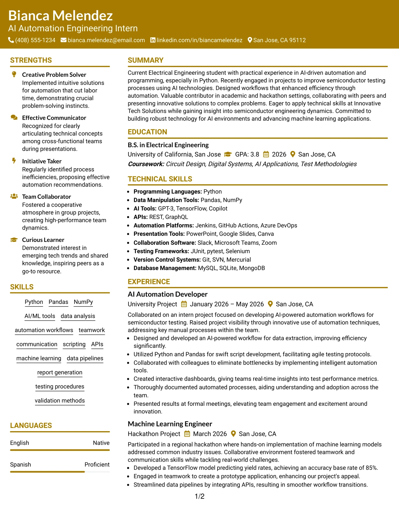 Resume Example Page 1