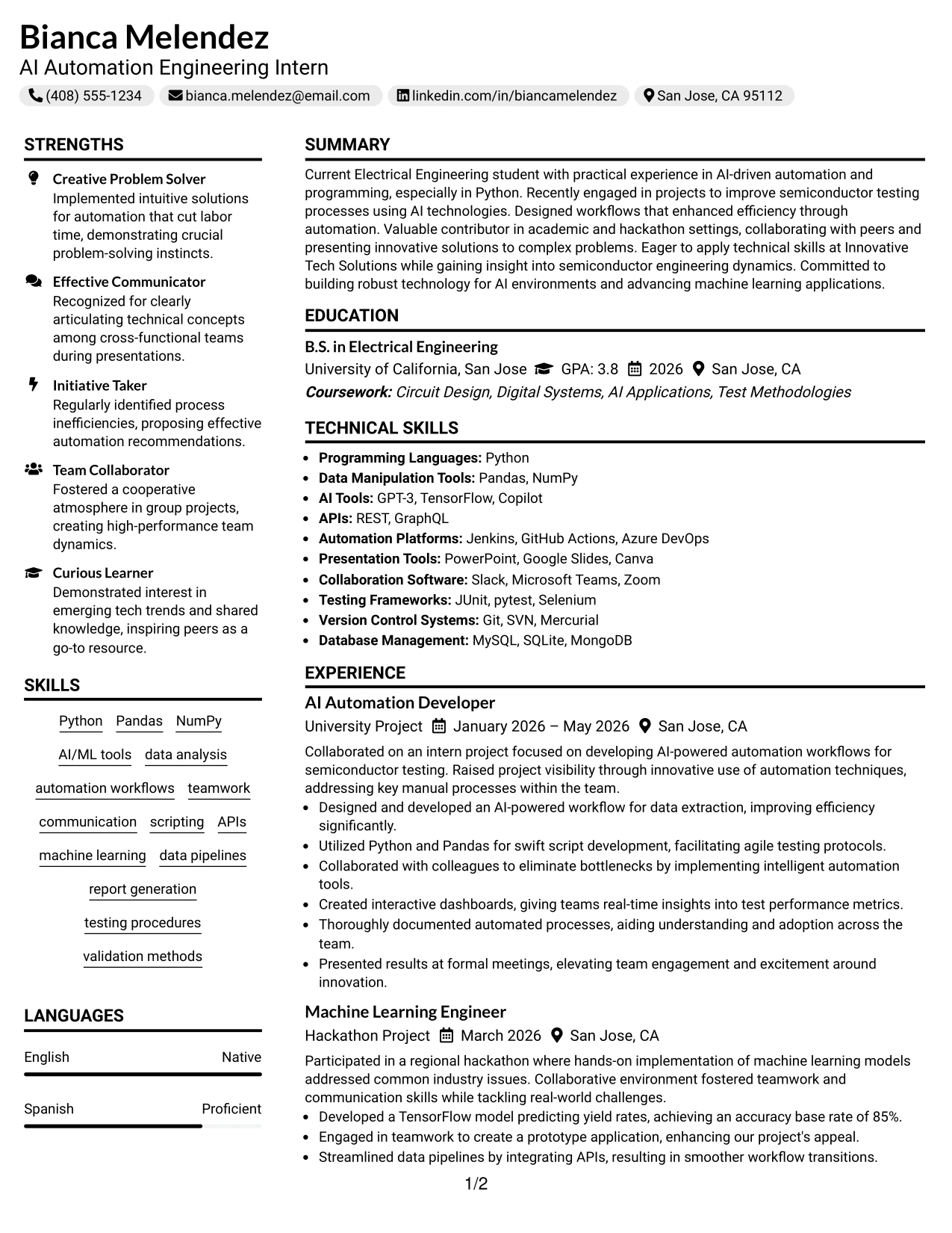 Resume Example Page 1