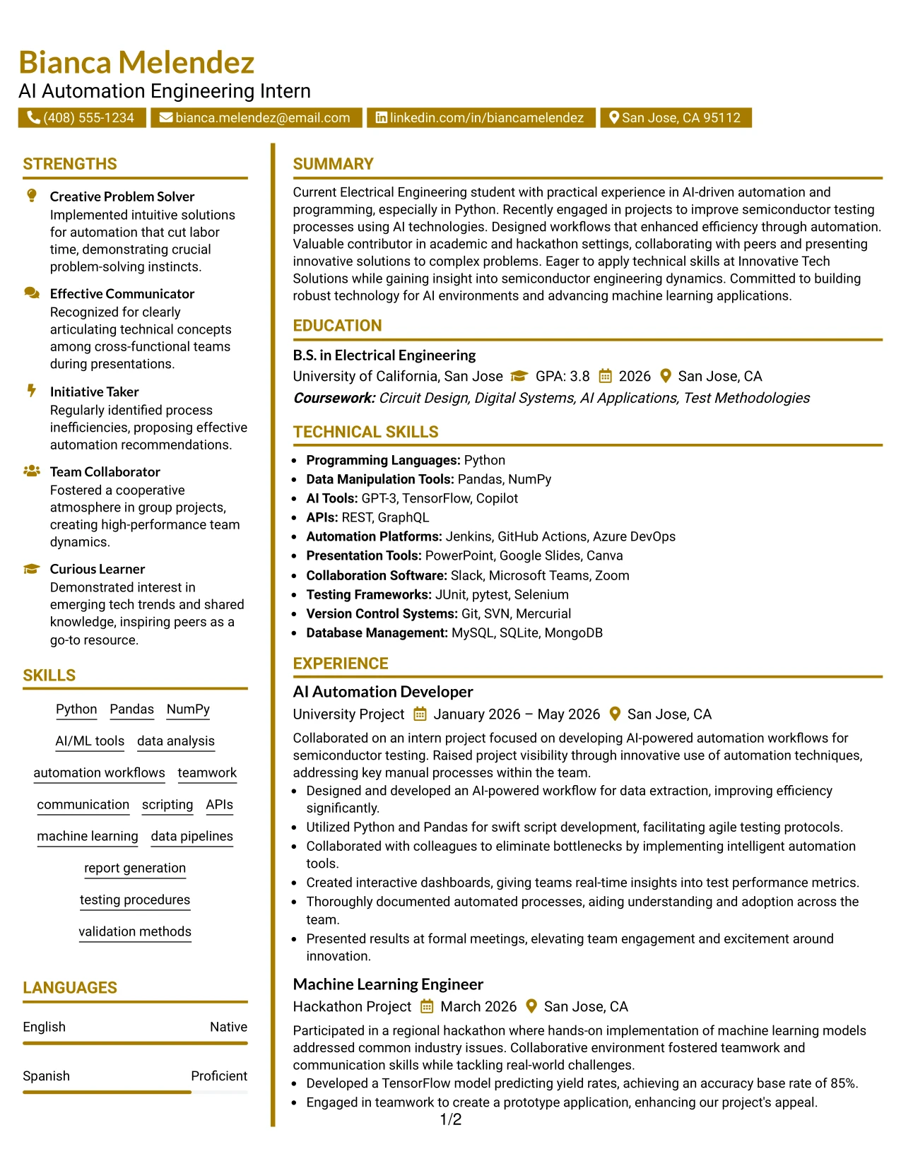 Resume Example Page 1