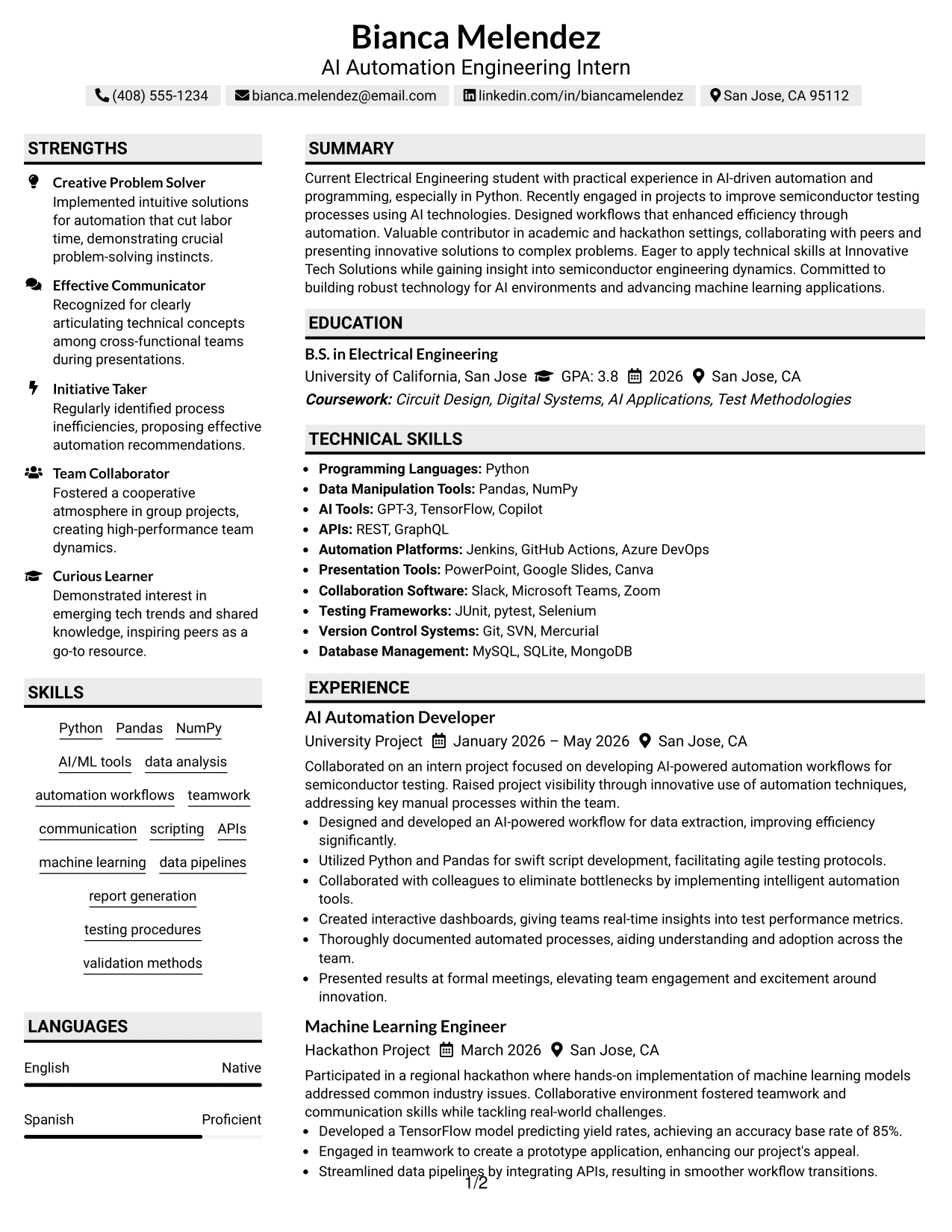 Resume Example Page 1