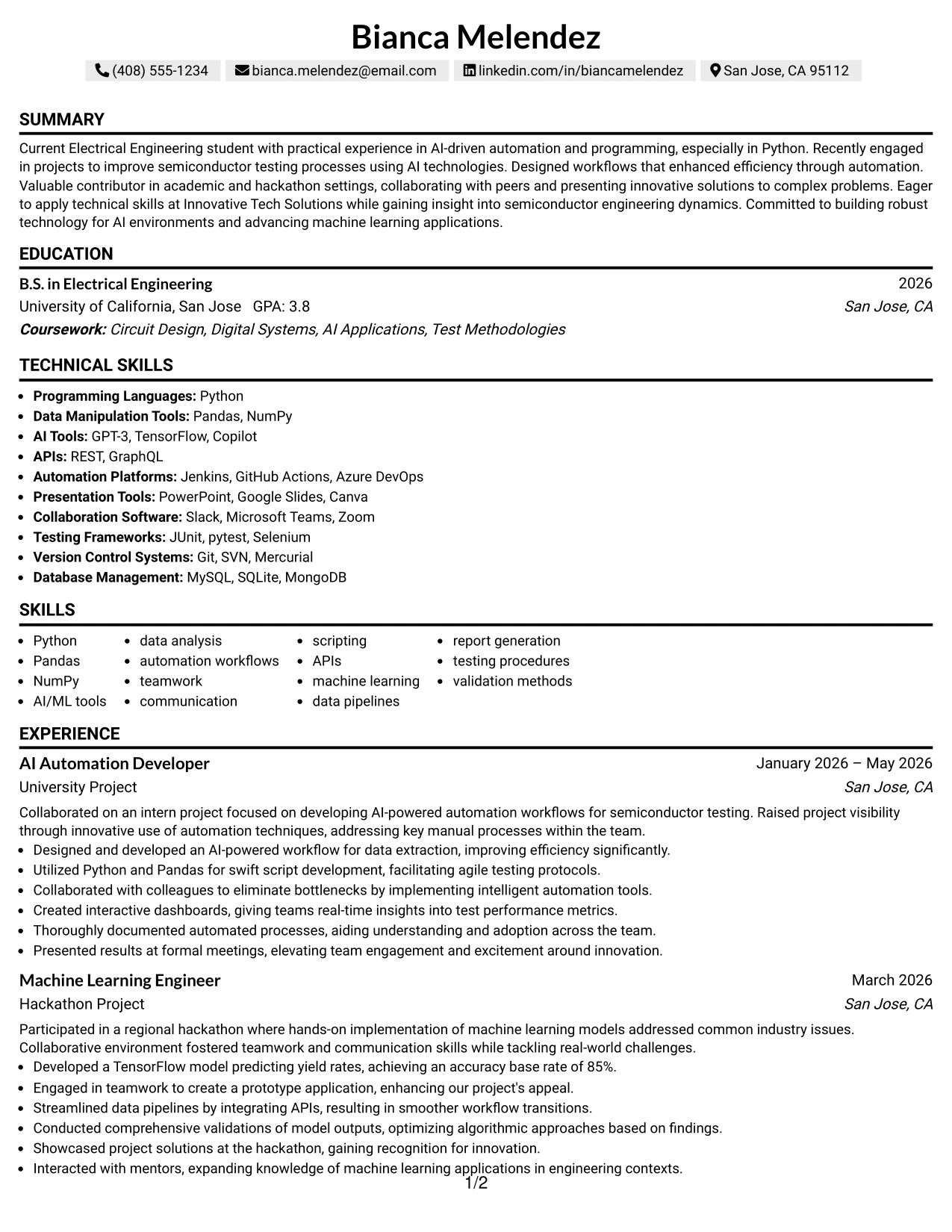 Resume Example Page 1