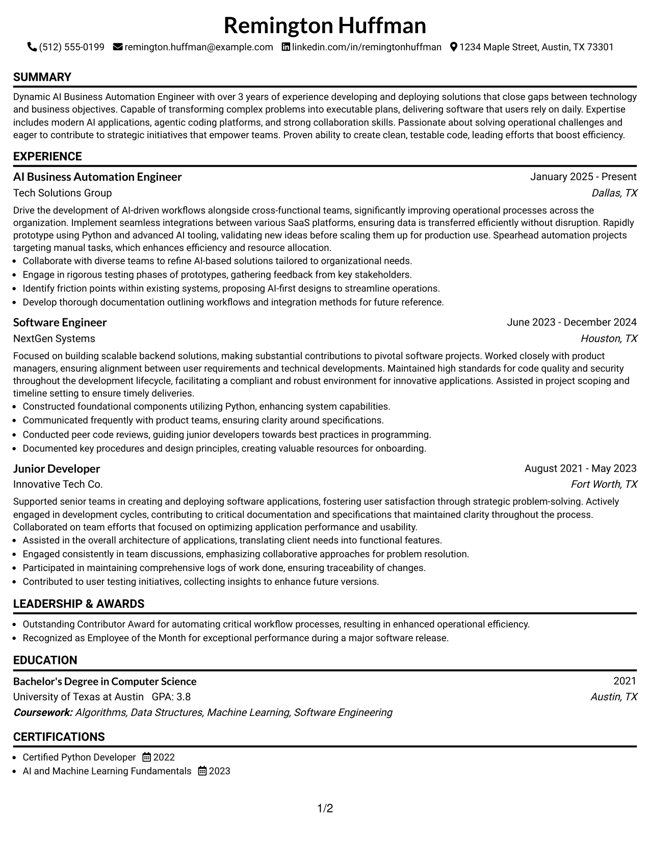 Resume Example Page 1