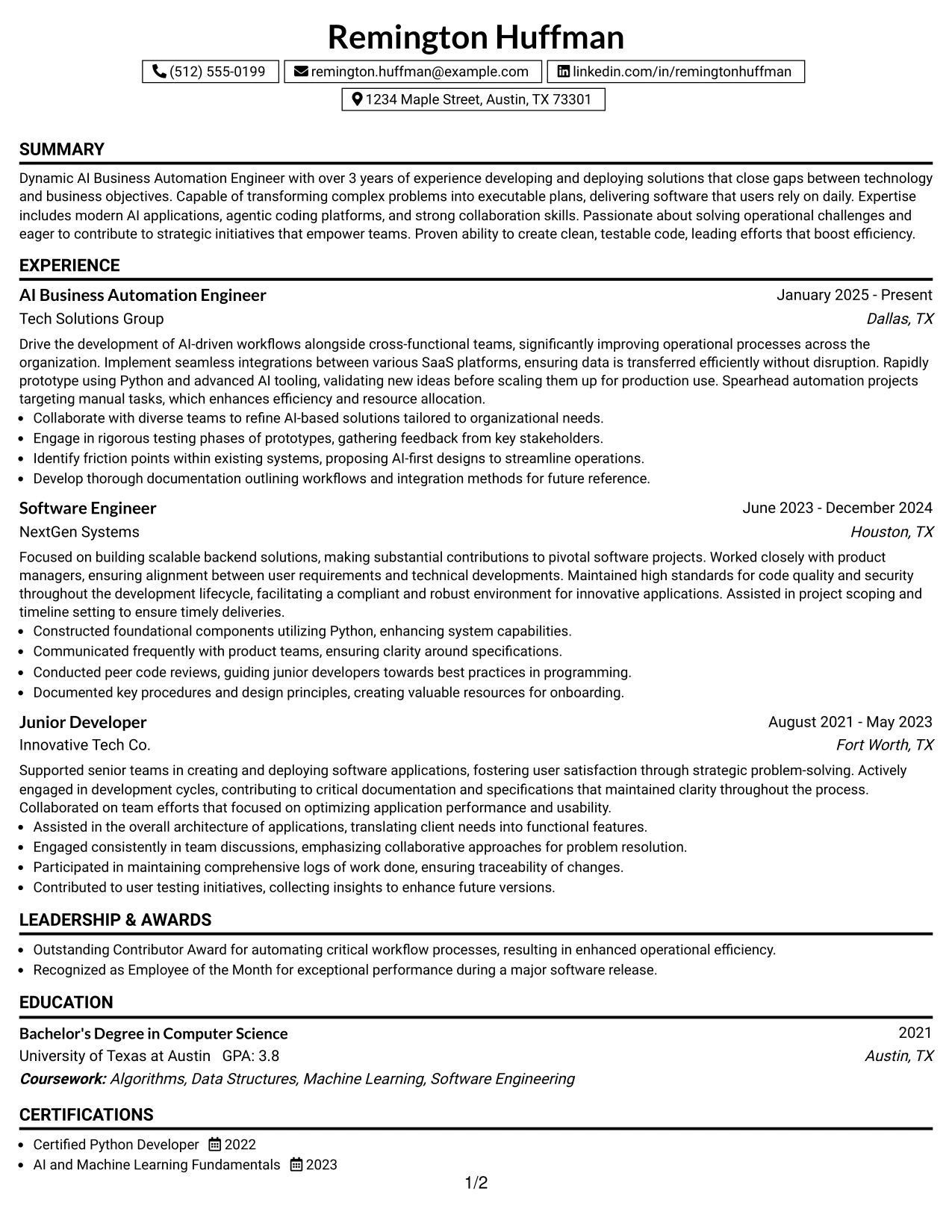 Resume Example Page 1
