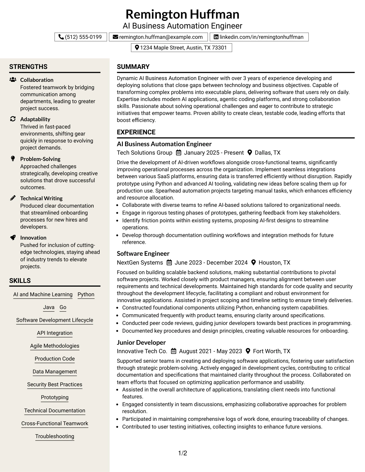 Resume Example Page 1
