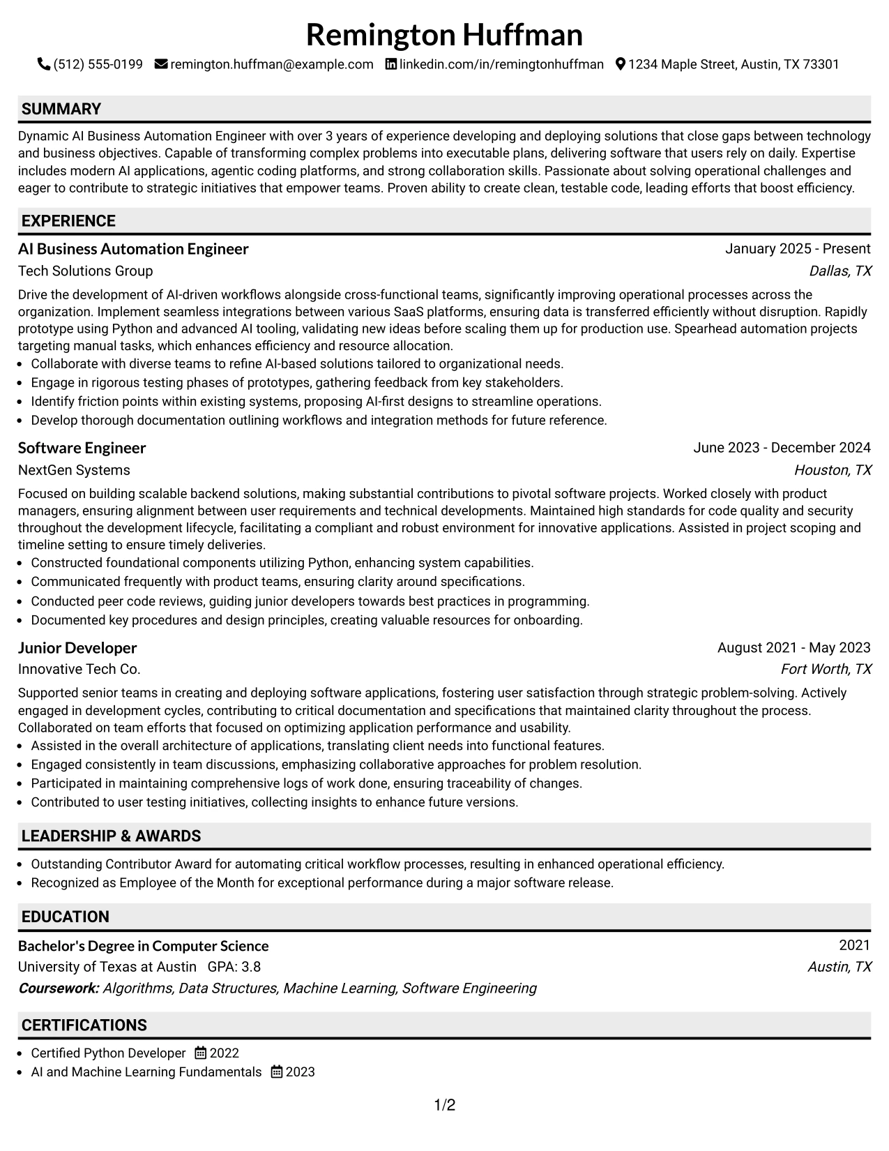 Resume Example Page 1