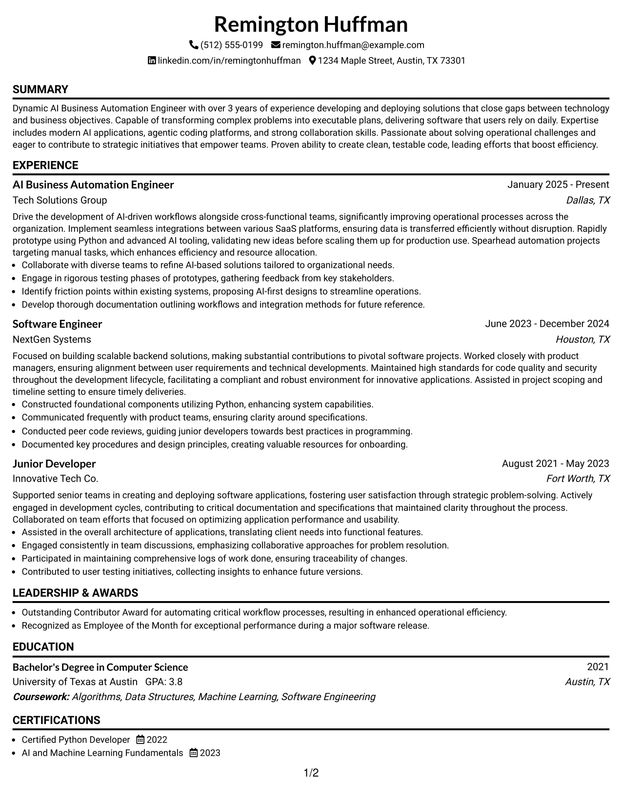 Resume Example Page 1