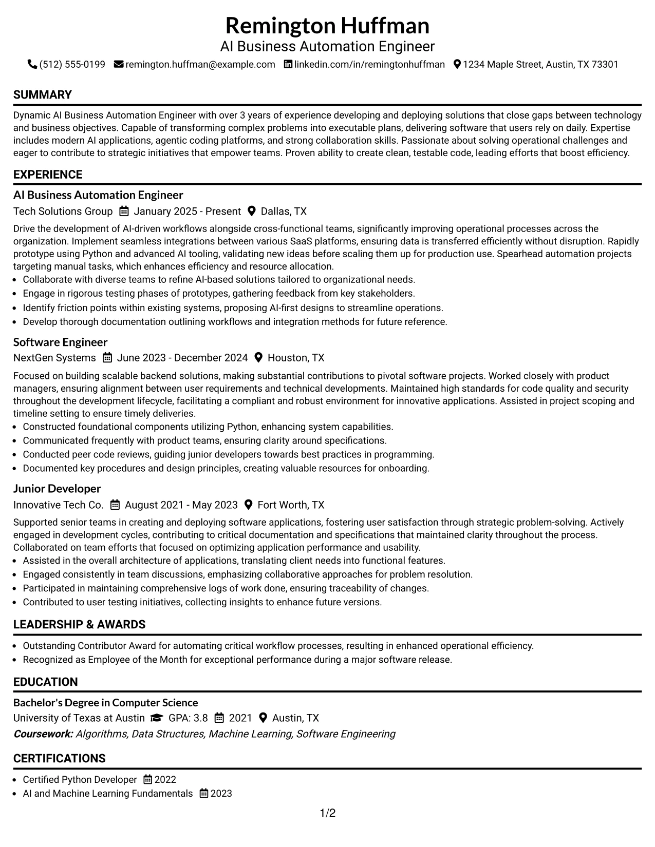 Resume Example Page 1