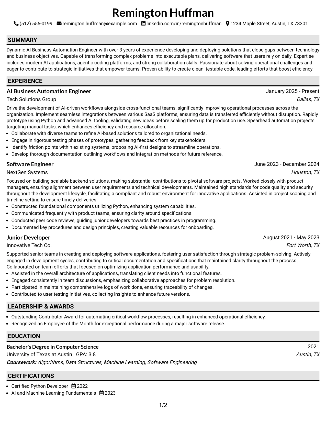 Resume Example Page 1