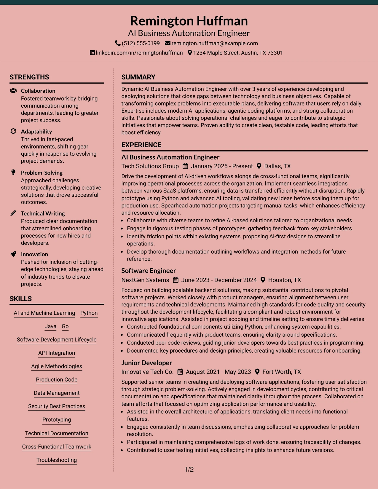 Resume Example Page 1