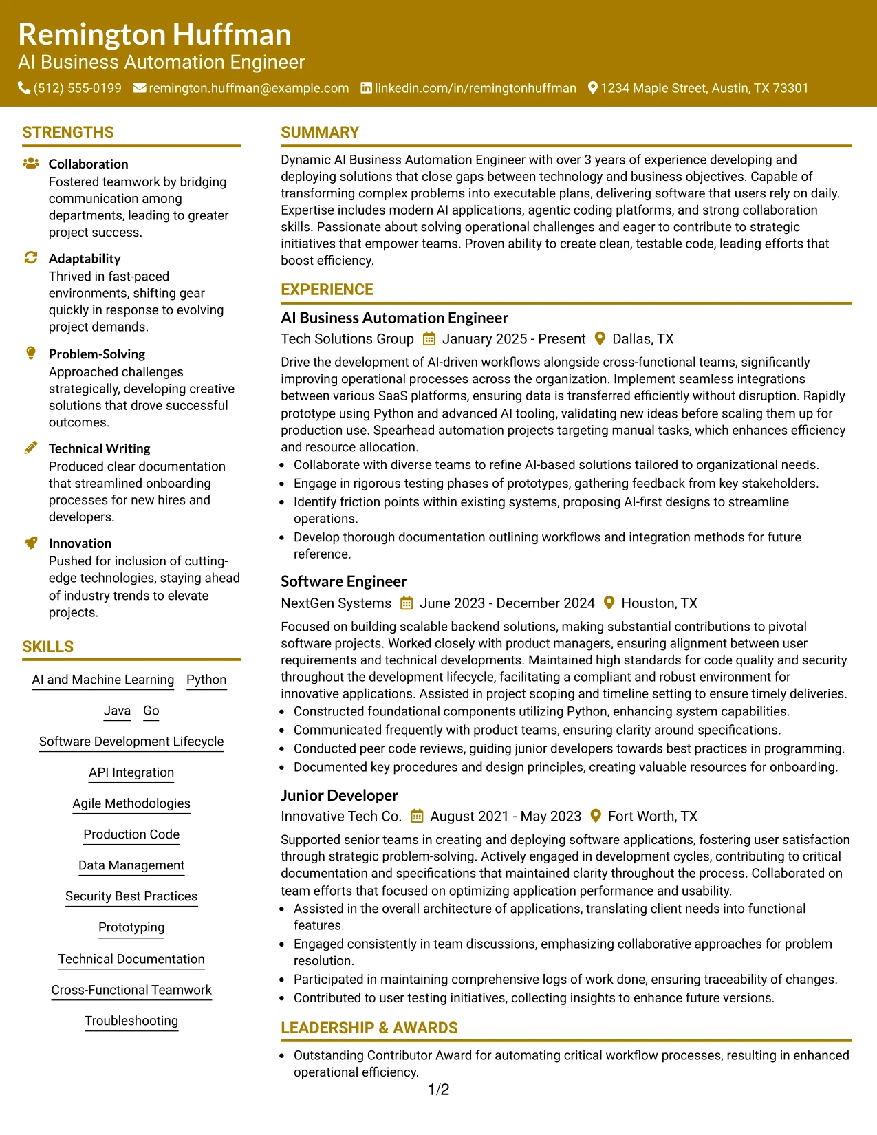 Resume Example Page 1