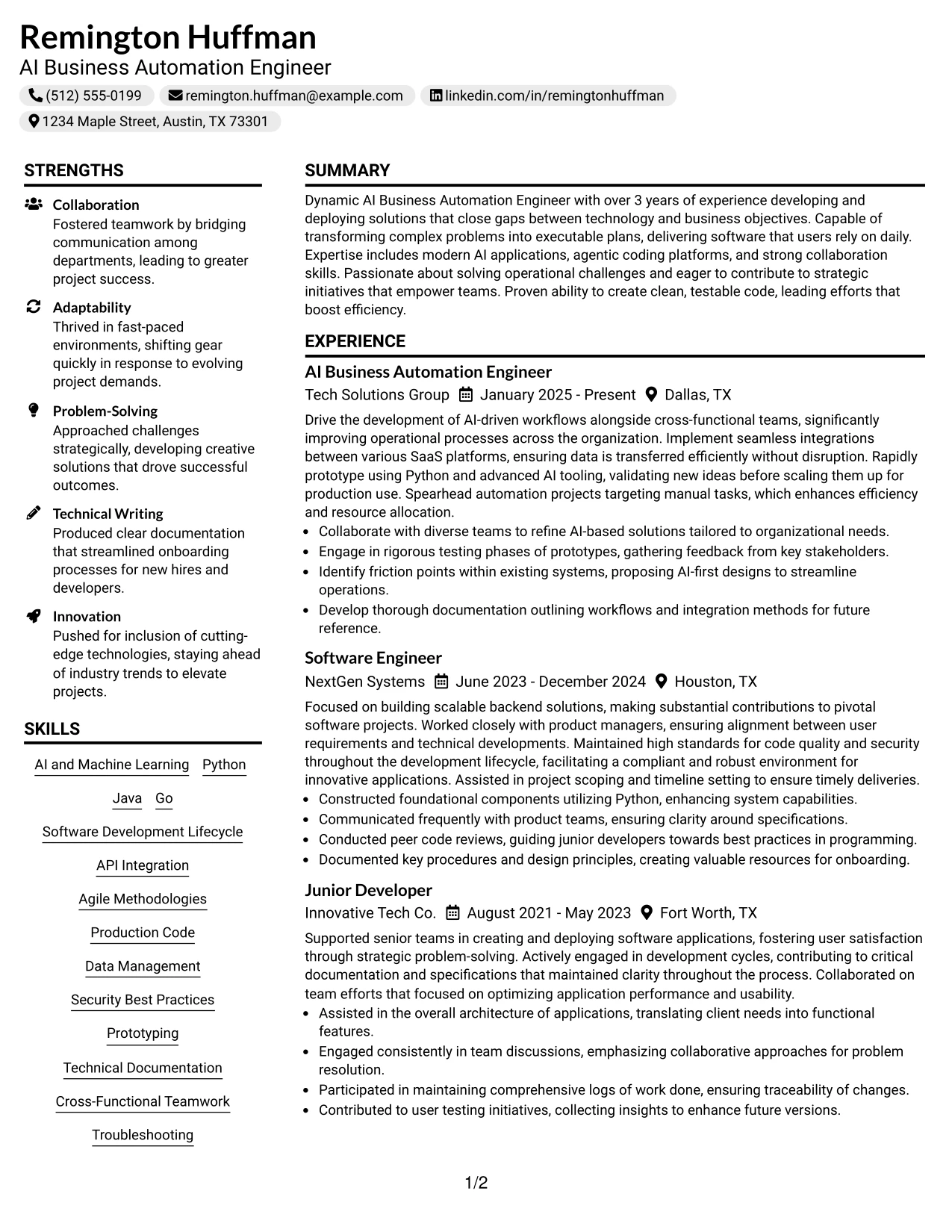 Resume Example Page 1