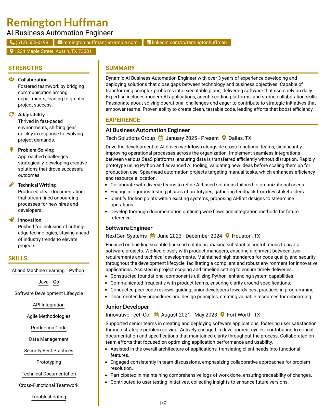 Resume Example Page 1