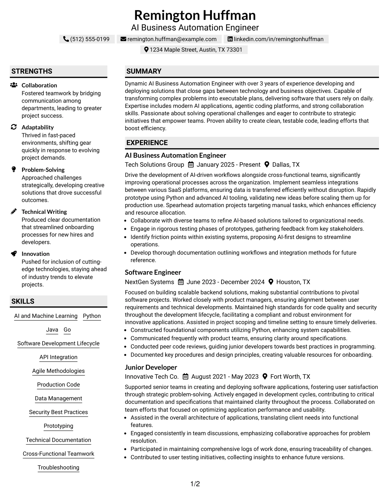 Resume Example Page 1