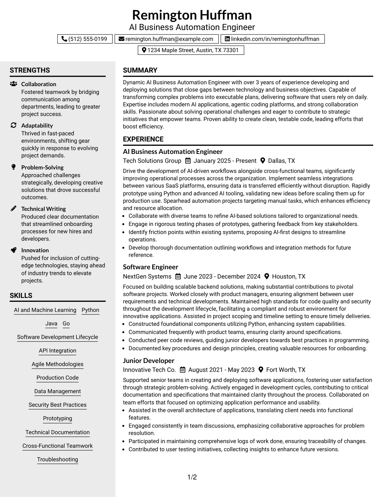 Resume Example Page 1