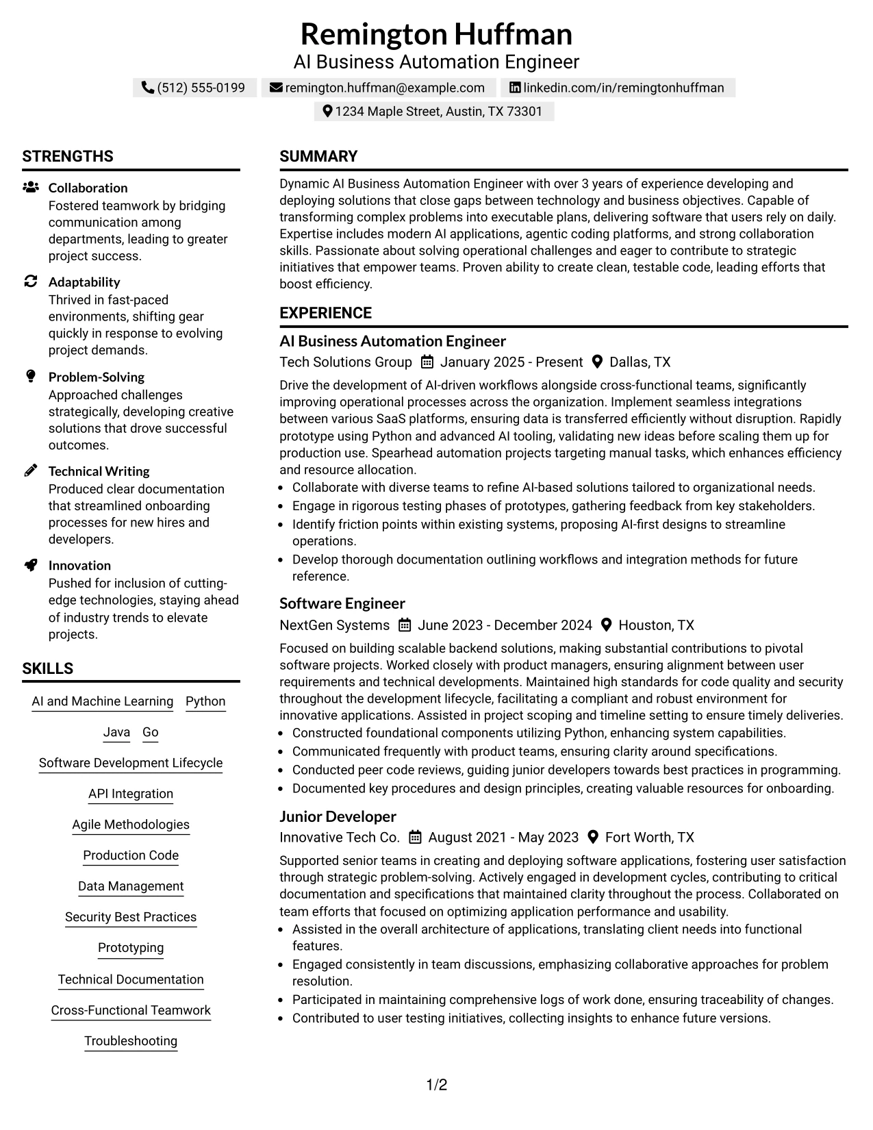Resume Example Page 1
