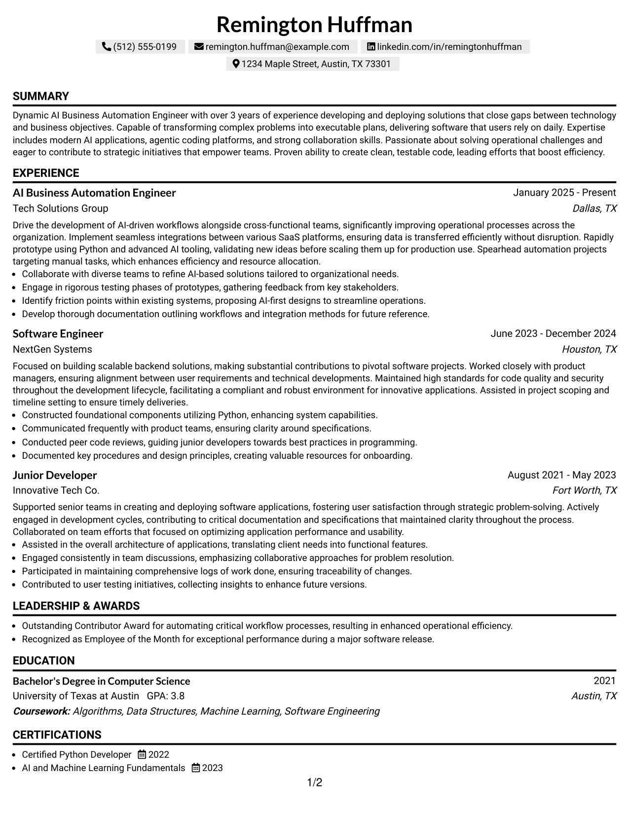 Resume Example Page 1