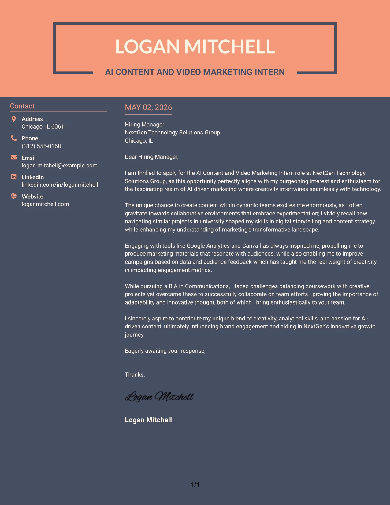 AI Content and Video Marketing Intern Cover Letter Example Creative Two Tone Format