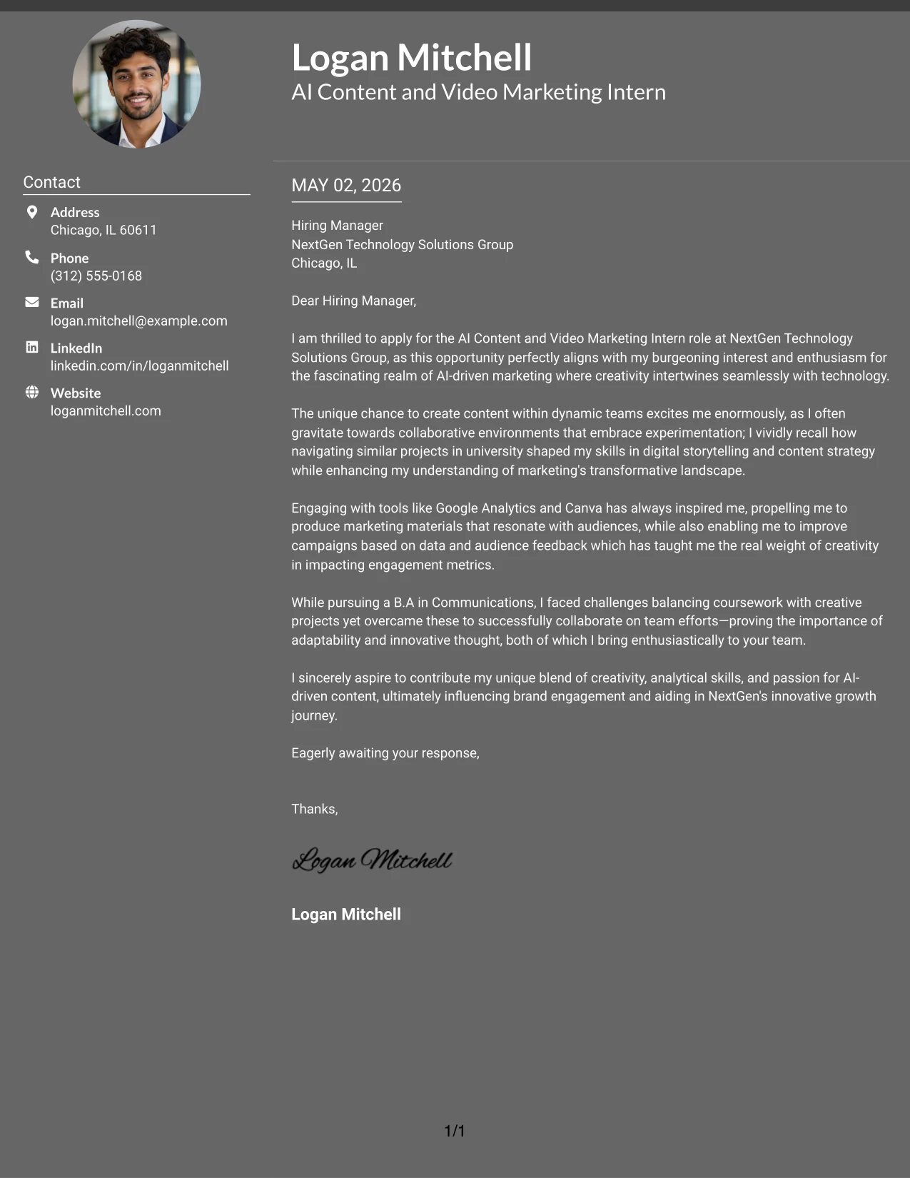 AI Content and Video Marketing Intern Cover Letter Example Dark Mode Two Column Format