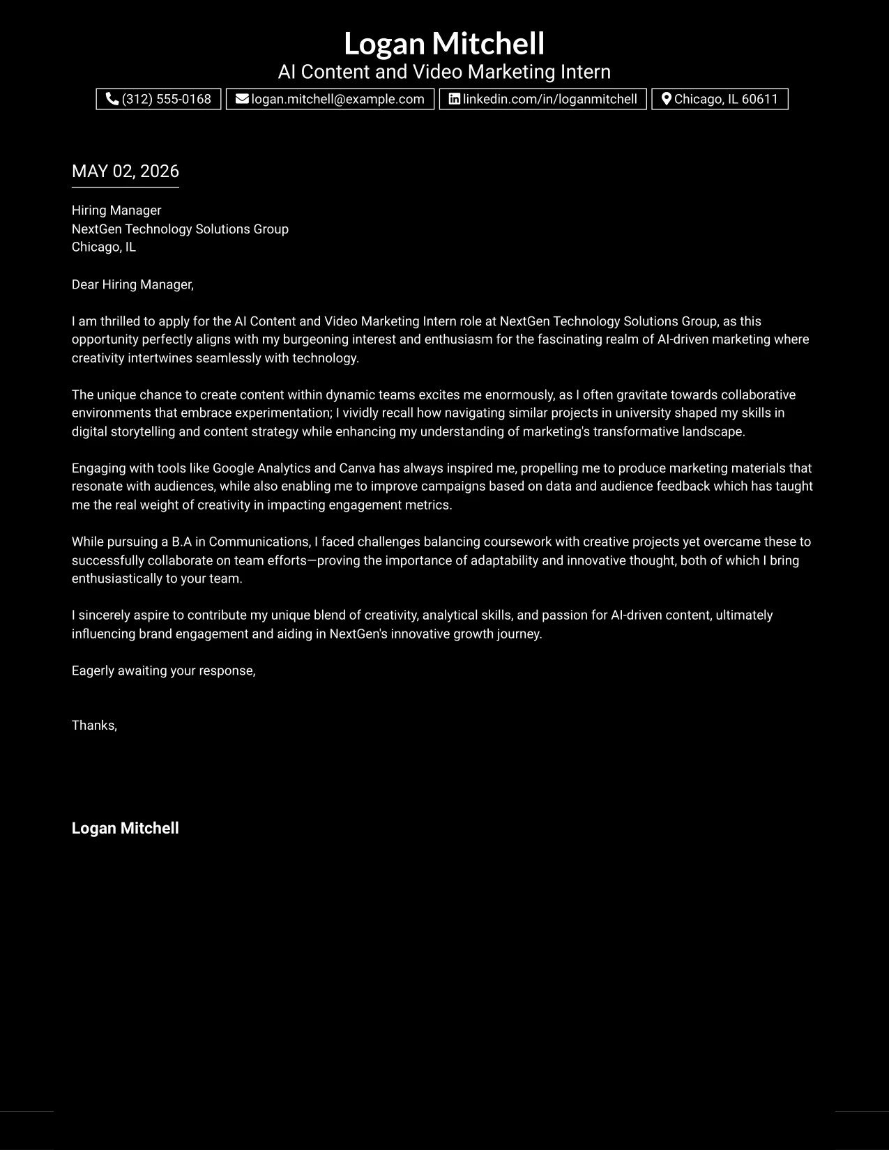 AI Content and Video Marketing Intern Cover Letter Example Dark Mode Box Header Format