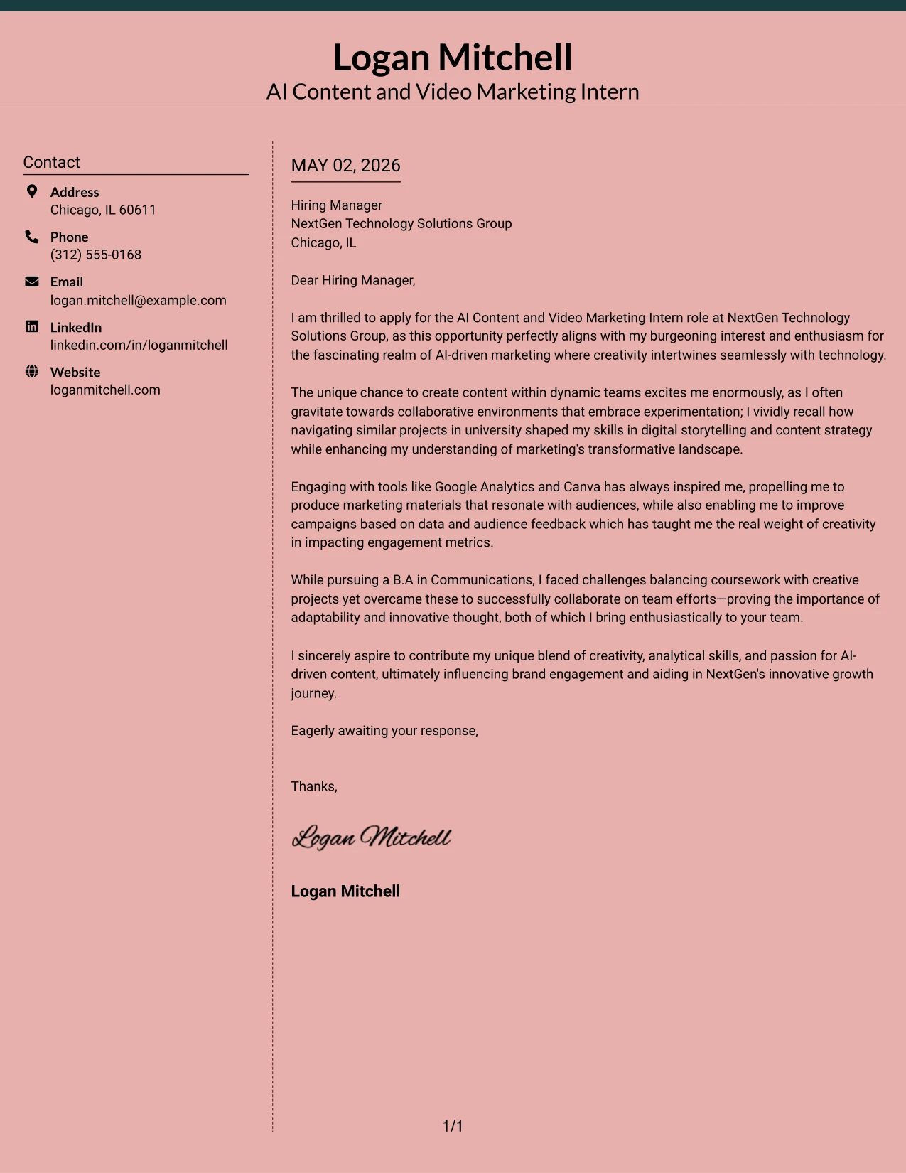 AI Content and Video Marketing Intern Cover Letter Example Elegant Full Background Two Column Format