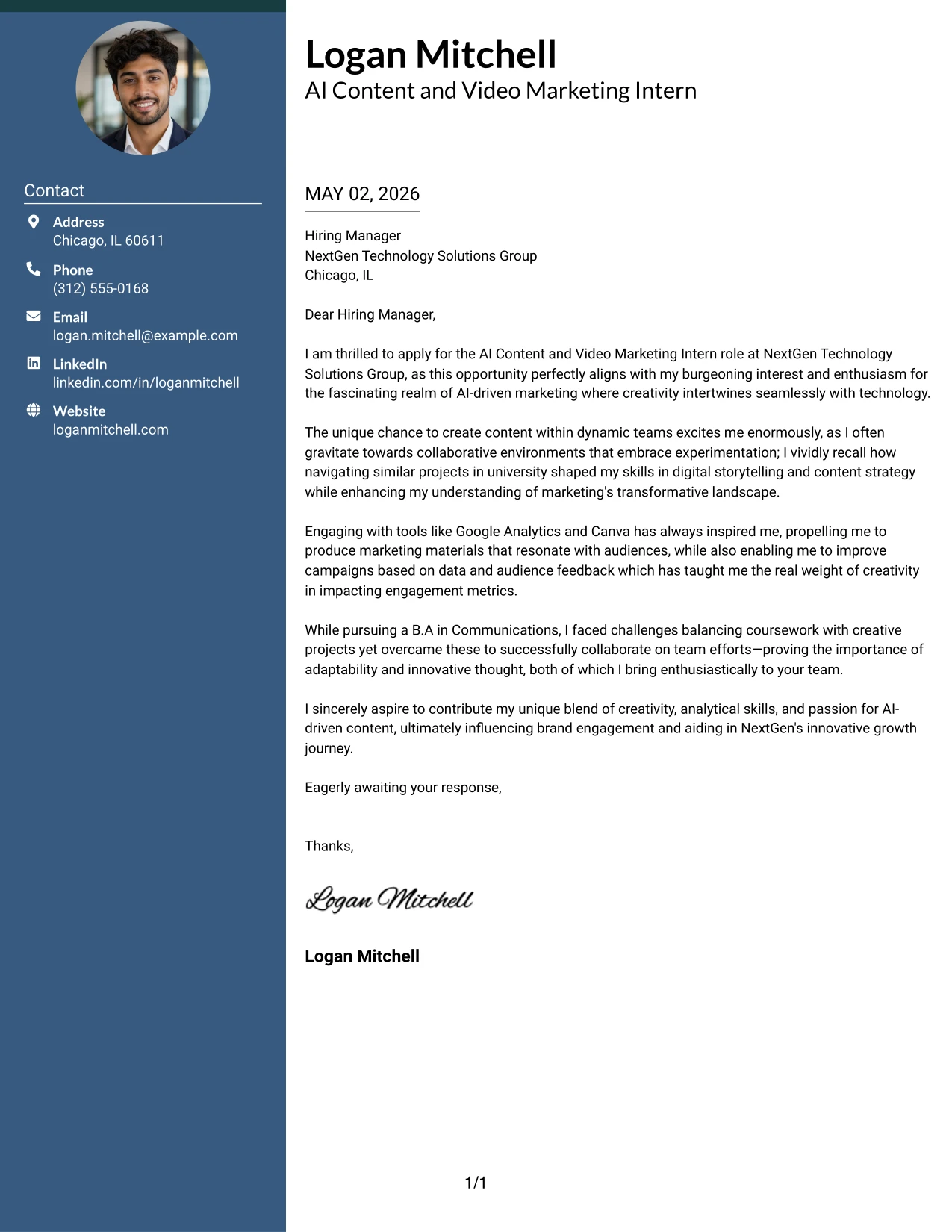 AI Content and Video Marketing Intern Cover Letter Example