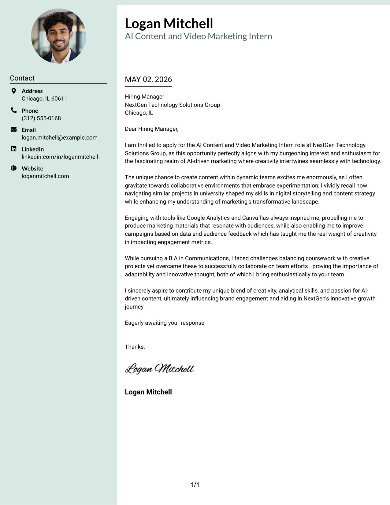AI Content and Video Marketing Intern Cover Letter Example Photo Header Color Sidebar Format
