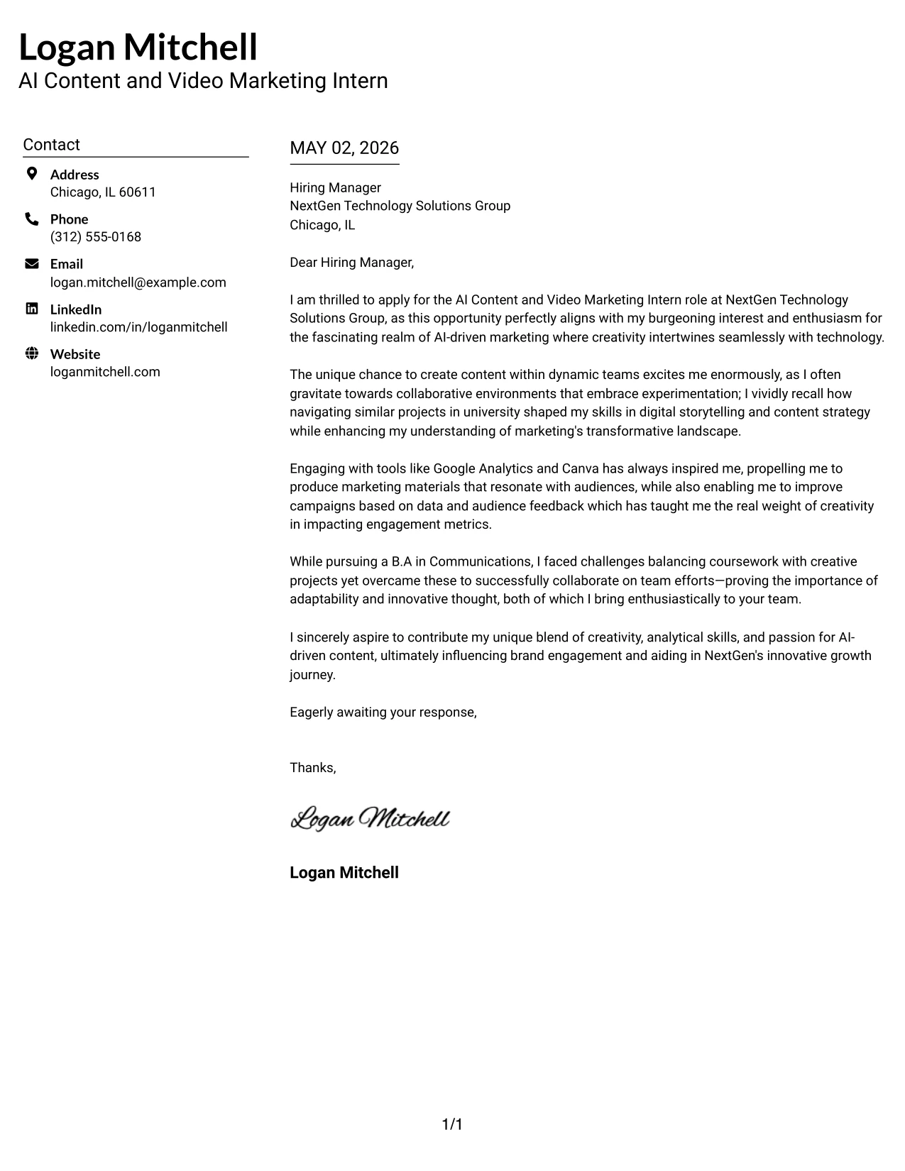 AI Content and Video Marketing Intern Cover Letter Example Left Aligned Header Clean Two Column Format