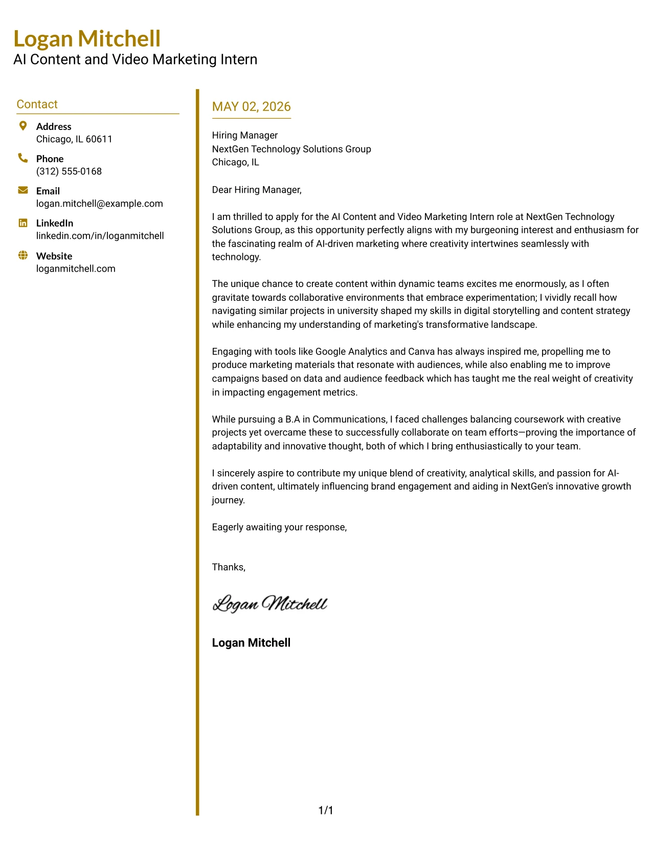 AI Content and Video Marketing Intern Cover Letter Example Accent Divider Modern Two Column Format