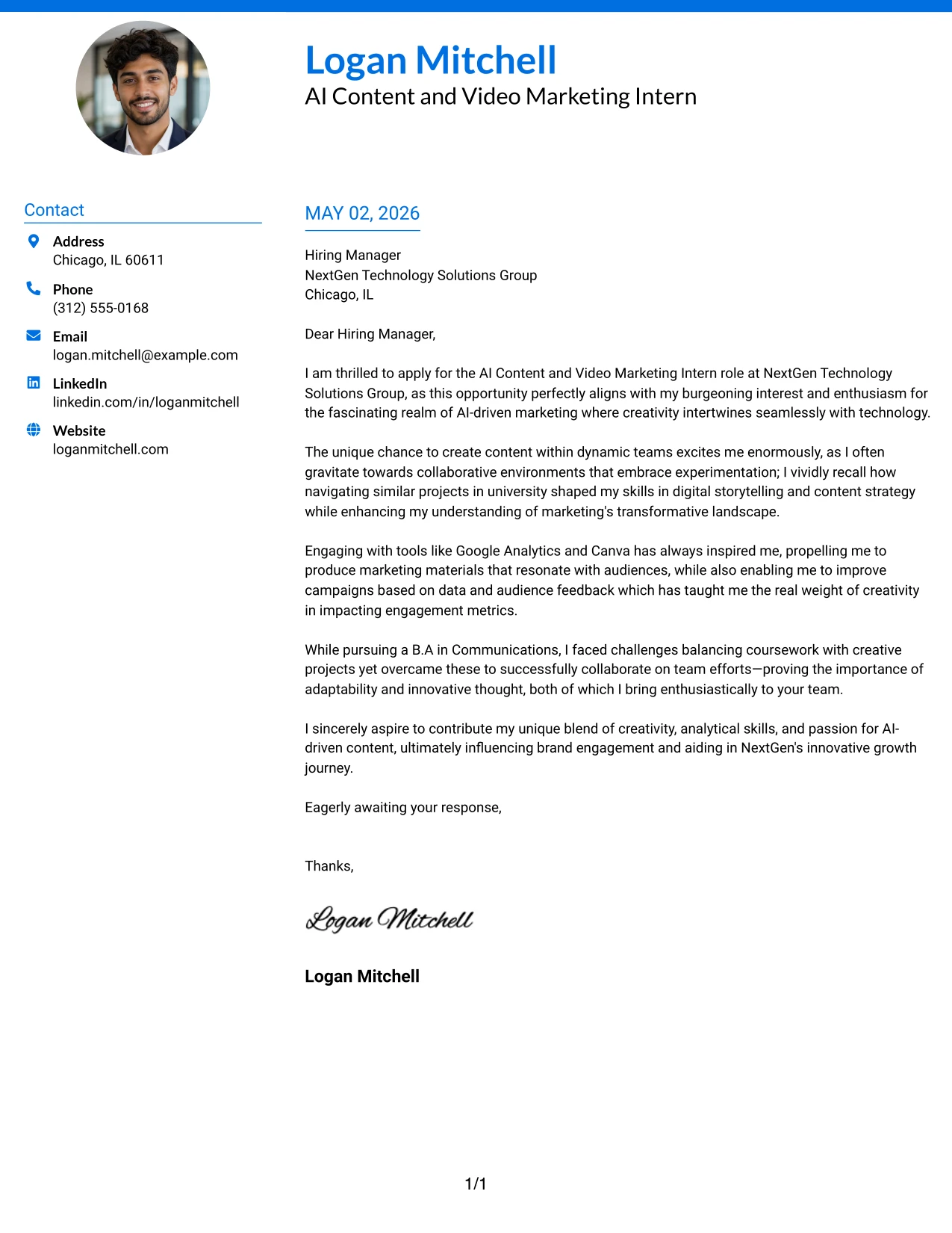 AI Content and Video Marketing Intern Cover Letter Example Photo Header Color Accent International Format