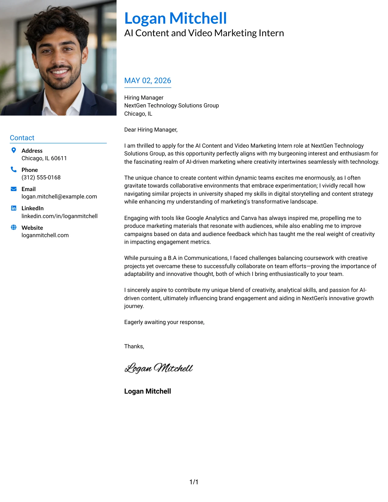 AI Content and Video Marketing Intern Cover Letter Example Large Profile Photo International Two Column Format