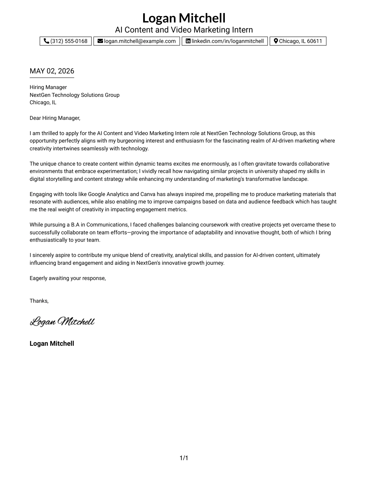 AI Content and Video Marketing Intern Cover Letter Example Boxed Contact Header with Job Title Format
