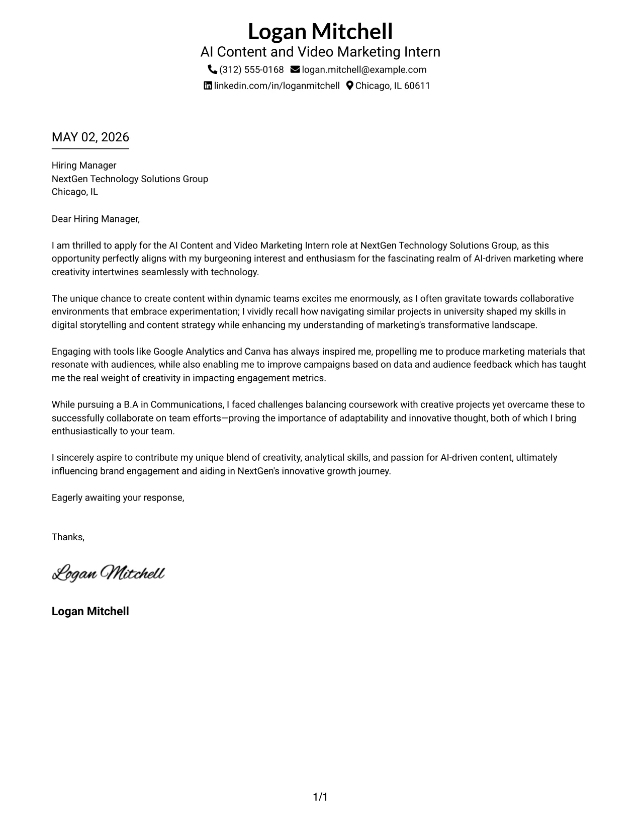 Logan Mitchell's Cover Letter for AI Content and Video Marketing Intern showcasing a professional tone and structured layout