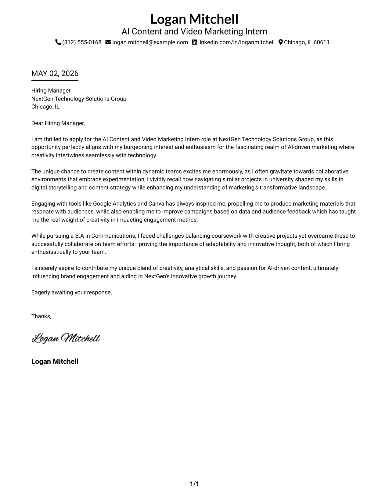 AI Content and Video Marketing Intern Cover Letter Example Simple One Column Format